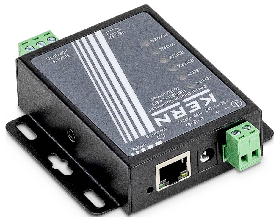 Elektronisches Gerät der Marke „KERN" mit Anschlüssen für Ethernet und Stromversorgung. Wird für Datenkommunikation oder Netzwerkanwendungen verwendet.