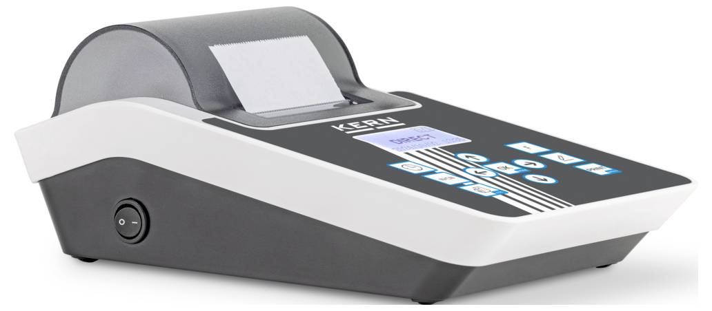 Ein schwarzes und weißes elektronisches Gerät mit einem kleinen Display, einer Tastatur und Papierausgabe. Es scheint sich um eine kompakte Druckeinheit zu handeln.