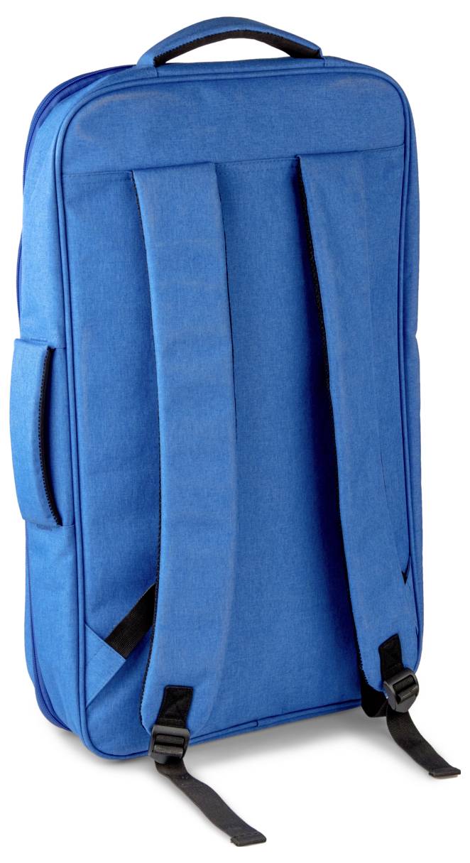 Ein blauer rechteckiger Rucksack mit schwarzen Riemen, aufrecht stehend. Mit Oberteil und Seitentasche.