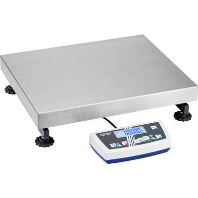 Eine große digitale Waage mit einer flachen Metallplattform und einem angeschlossenen Bedienfeld mit blauem digitalen Display und Zahlennanzeige.