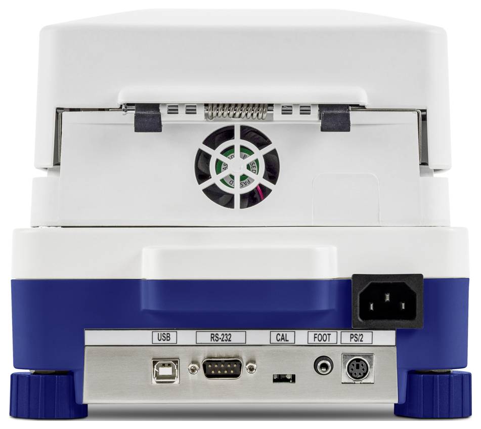 Das Bild zeigt die Rückansicht eines Laborinstruments mit verschiedenen Anschlüssen, darunter USB, RS-232, PS/2, einen Lüfter und eine Stromversorgungsverbindung.
