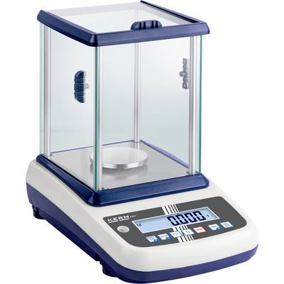 Eine digitale Analysenwaage mit durchsichtiger Schutzvorrichtung, blauer Umrandung und einer digitalen Anzeige, die „0.000 g" anzeigt, wird für präzise Gewichtsmessungen verwendet.