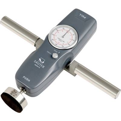 Ein grauer manueller Kraftmesser mit einem runden Zifferblatt und zwei silbernen Griffen wird zum Messen von Druck- und Zugkräften verwendet.