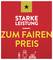 Roter Hintergrund, schwarze Stern-Grafik oben. Text: 'Starke Leistung zum fairen Preis'. Drei Geräte-Icons unten: Fernbedienung, Mixer, Spielzeugauto.