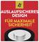 Eine Nahaufnahme einer Batterie auf rotem Hintergrund. Text: 'Auslaufsicheres Design für maximale Sicherheit'.