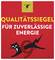 'Qualitätssiegel für zuverlässige Energie' mit schwarzer Katze und Blitzsymbol.