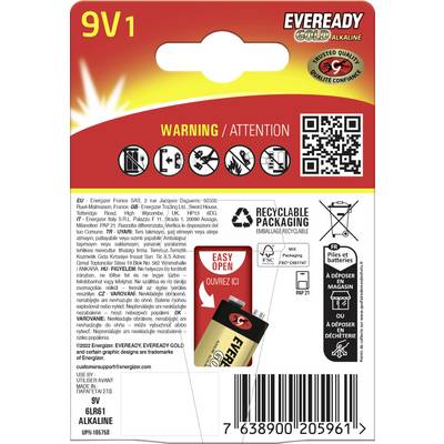 Verpackung der Batterie „9V1", Eveready Gold Alkaline, mit Recyclinginformationen, einfachen Öffnungsanweisungen und Markenlogo. Rot-gelbes Design.
