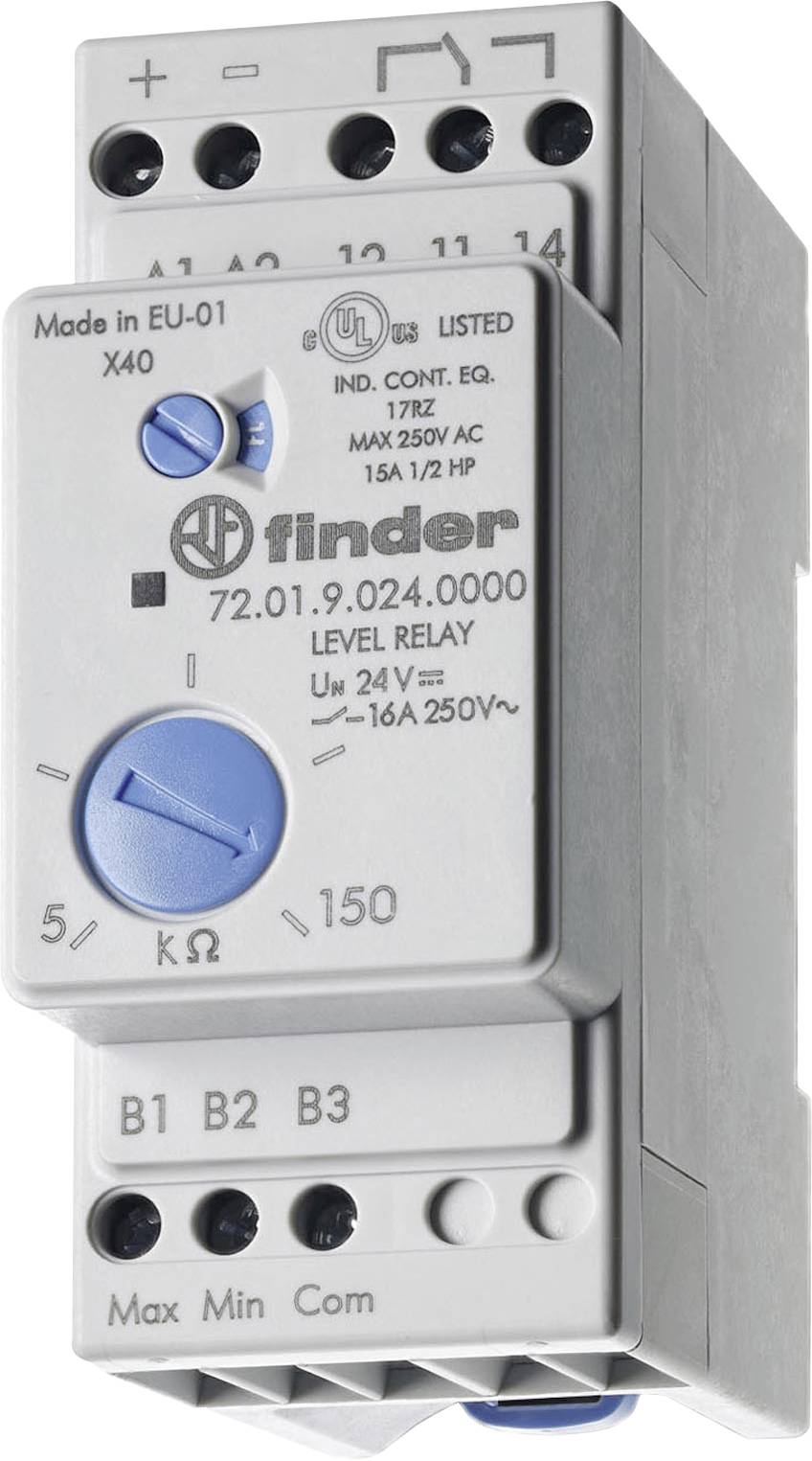 'Finder 72.01 Relaismodul mit Ein- und Ausgangsverbindungen, Spannungsbereich und wichtigen Spezifikationen auf der Frontplatte.'