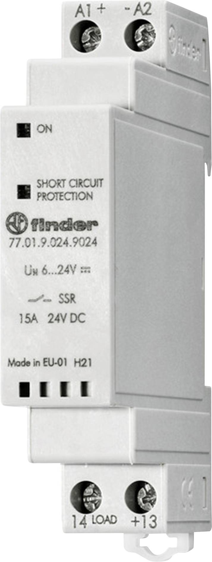 Ein graues Elektrorelaismodul mit der Bezeichnung „Finder" mit Kurzschlussschutz, Eingänge A1 und A2, Ausgänge 14 und 13, 6-24V DC, 15A.