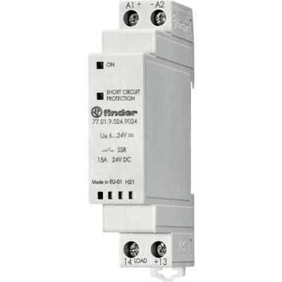 Ein graues Elektrorelaismodul mit der Bezeichnung „Finder" mit Kurzschlussschutz, Eingänge A1 und A2, Ausgänge 14 und 13, 6-24V DC, 15A.