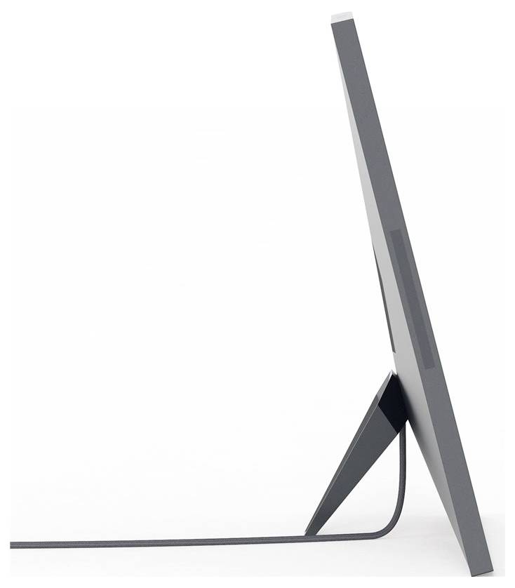Eine Seitenansicht eines schlanken, modernen Monitors mit dreieckigem Ständer und einem Kabel, das auf der Rückseite angeschlossen ist.