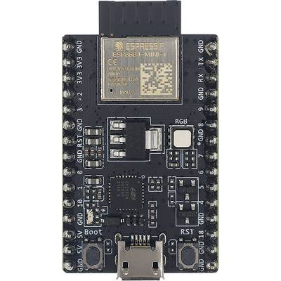 Ein Mikrocontroller-Board mit der Bezeichnung „ESPRESSIF ESP8684-MINI-1" mit mehreren Anschlüssen für die Konnektivität, einem Micro-USB-Anschluss und einer integrierten RGB-LED.