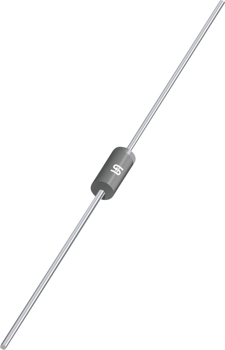 Ein kleines, zylindrisches elektronisches Dioden-Bauelement mit silbernen Anschlussdrähten auf beiden Seiten, das ein weißes „SS"-Logo auf seinem schwarzen Gehäuse zeigt.