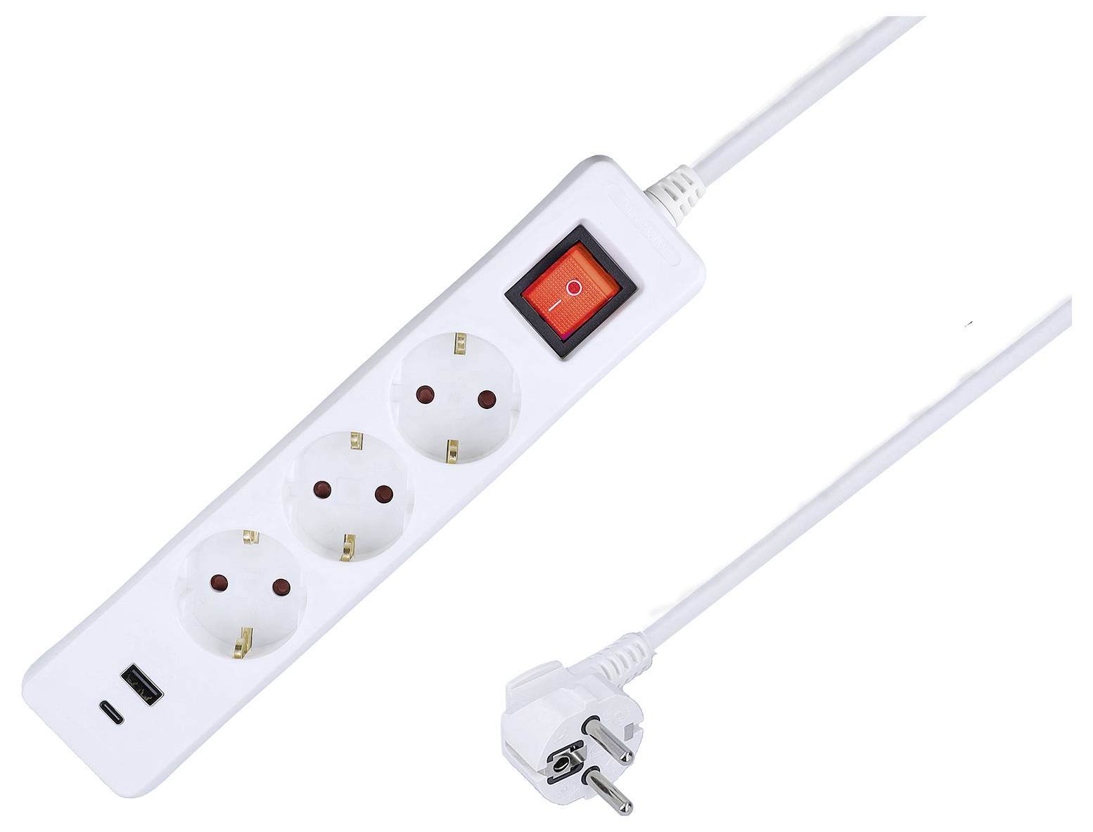 Eine weiße Steckerleiste mit drei Steckdosen und einem einzigen Schalter, ausgestattet mit einem integrierten USB-Anschluss, verbunden mit einem Stromstecker.