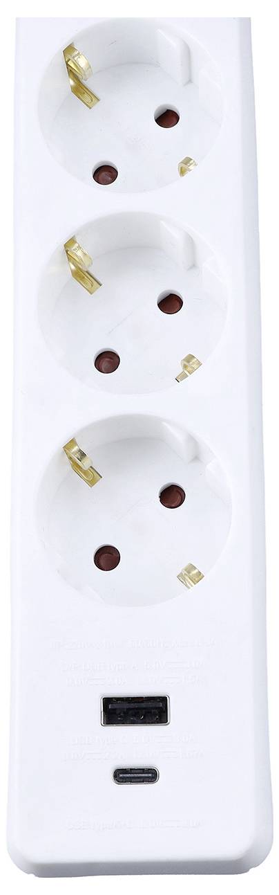 Eine weiße Steckdosenleiste mit drei europäischen Steckdosen und einem USB-C-Anschluss unten zum Laden elektronischer Geräte.