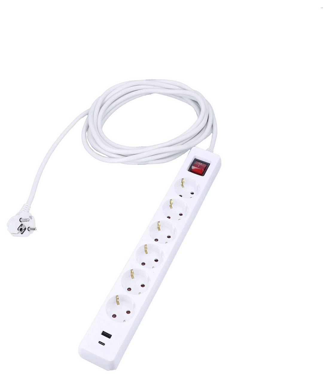 Eine Steckerleiste mit fünf europäischen Steckdosen, einem USB-Anschluss und einem Stromschalter, angebracht an einem weißen Kabel mit Stecker.