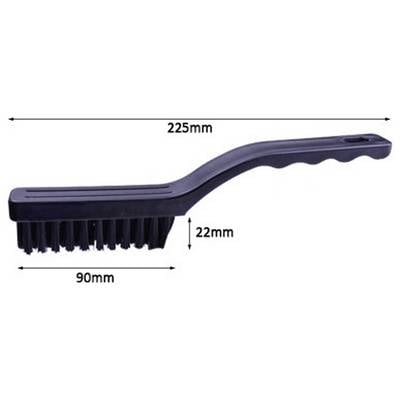 Schwarze tragbare Bürste mit abgewinkeltem Griff; die beschrifteten Abmessungen zeigen eine Länge von 225 mm, eine Bürstenbreite von 90 mm und eine Borstenhöhe von 22 mm.