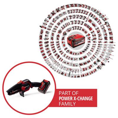 Eine vielfältige Sammlung von Elektrowerkzeugen in einer Spiralmuster angeordnet umgibt einen austauschbaren Akku und hebt das 'Power X-Change'-System hervor.