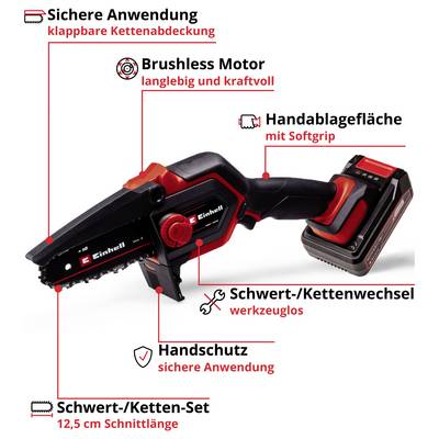 Einhand-Motorsäge mit Akku, ausgestattet mit Schutzabdeckung, sicherem Schwertwechsel, bürstenlosem Motor und Ablagefläche.