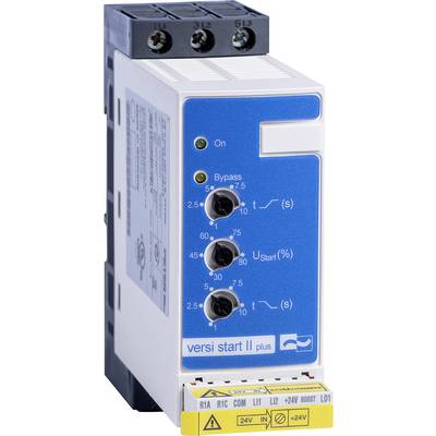 Ein blau-weißes elektrisches Gerät mit der Bezeichnung "versi start II plus", mit Reglern für Steuereinstellungen und Kontrollleuchten für "Ein" und "Bypass".