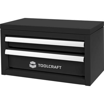 Schwarzer Werkzeugkasten von Toolcraft mit zwei Schubladen und silbernen Griffen, in schrägem Frontalblick dargestellt.