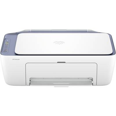 Ein weißer HP DeskJet Drucker mit geschlossenem Deckel und offener vorderer Papierschublade, der grundlegende Steuerungstasten und das Logo anzeigt.