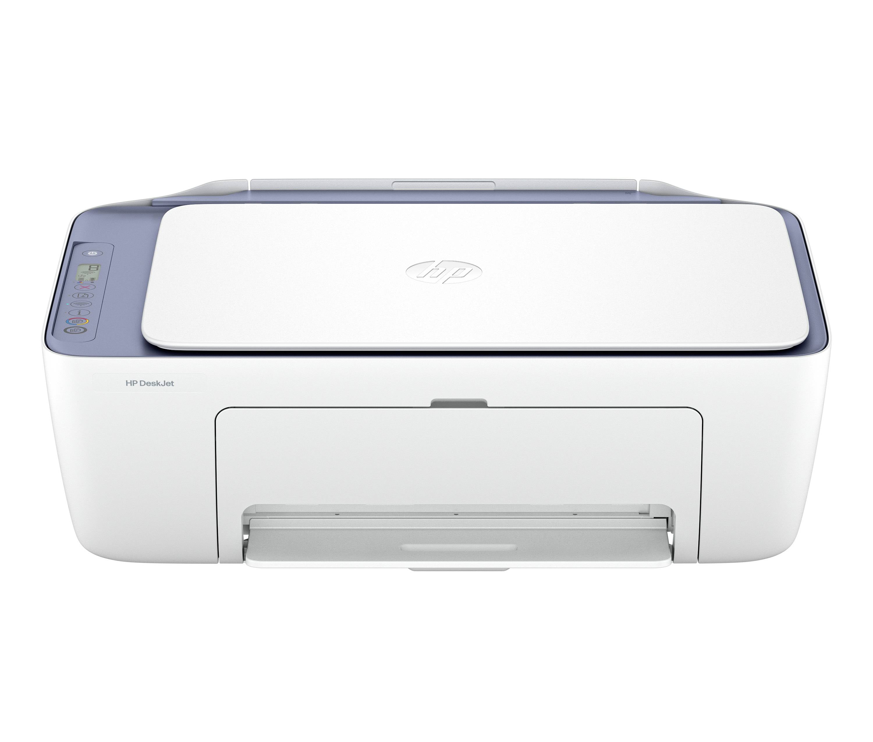 Weißer HP DeskJet-Drucker in Vorderansicht auf einfachem weißem Hintergrund, mit blauen Seitenpaneelen und einem oberen Papierfach.
