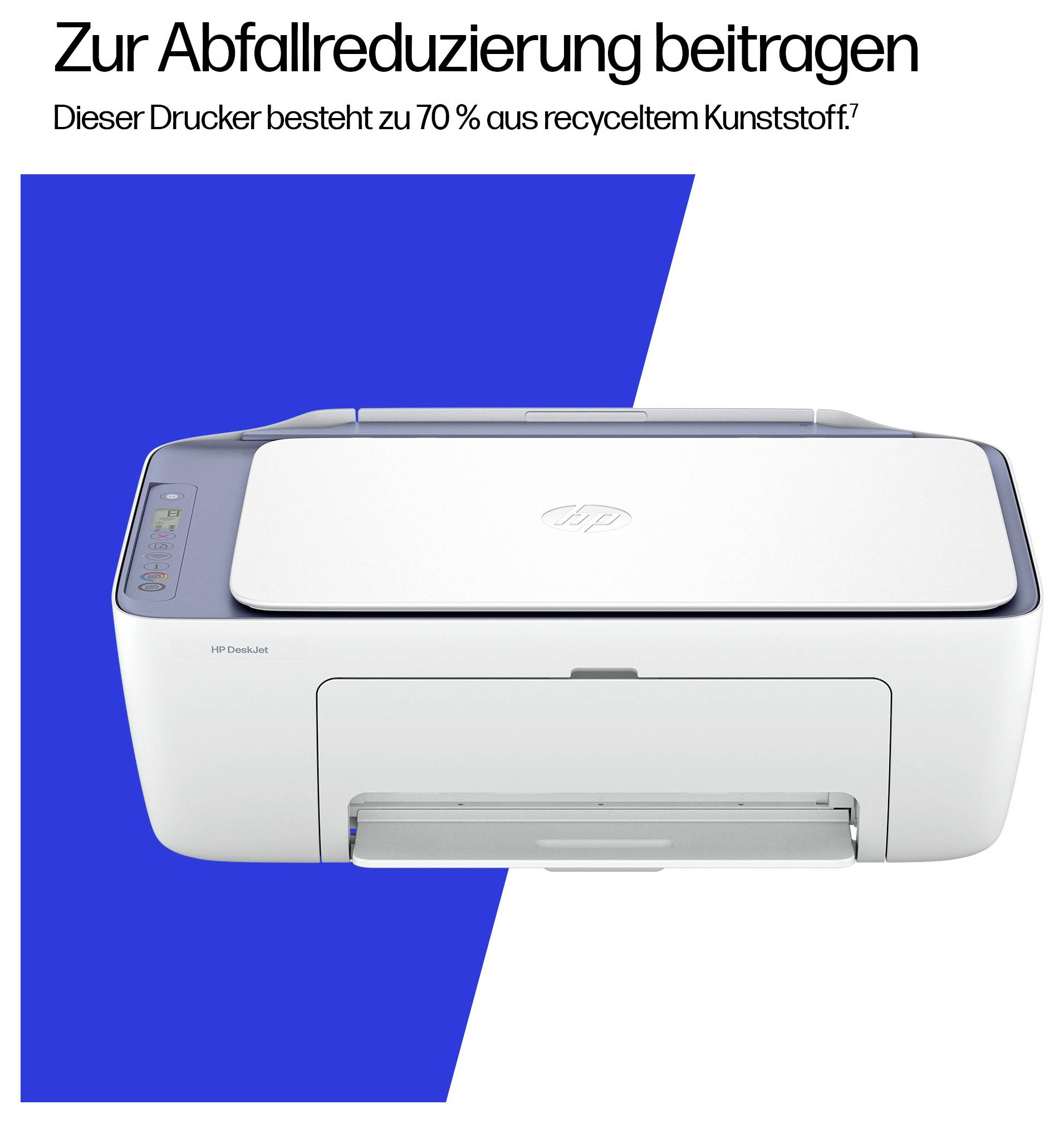 Ein Drucker, zu 70 % aus recyceltem Kunststoff, vor einem blauen Hintergrund. Text oben: 'Zur Abfallreduzierung beitragen'.