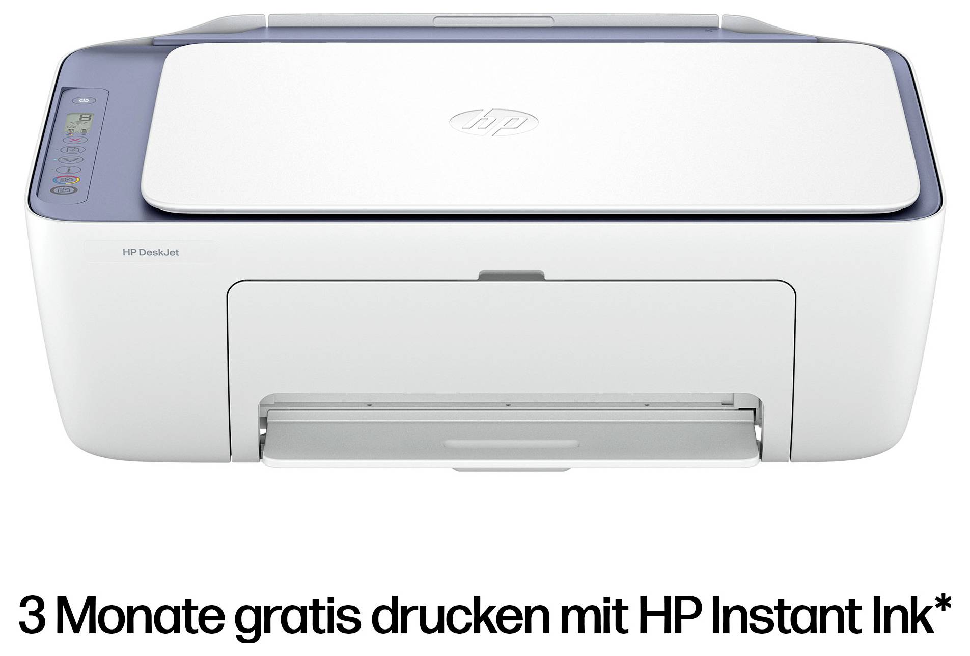Ein weißer HP Drucker mit geschlossenem Papierfach. Text darunter: '3 Monate gratis drucken mit HP Instant Ink*'.
