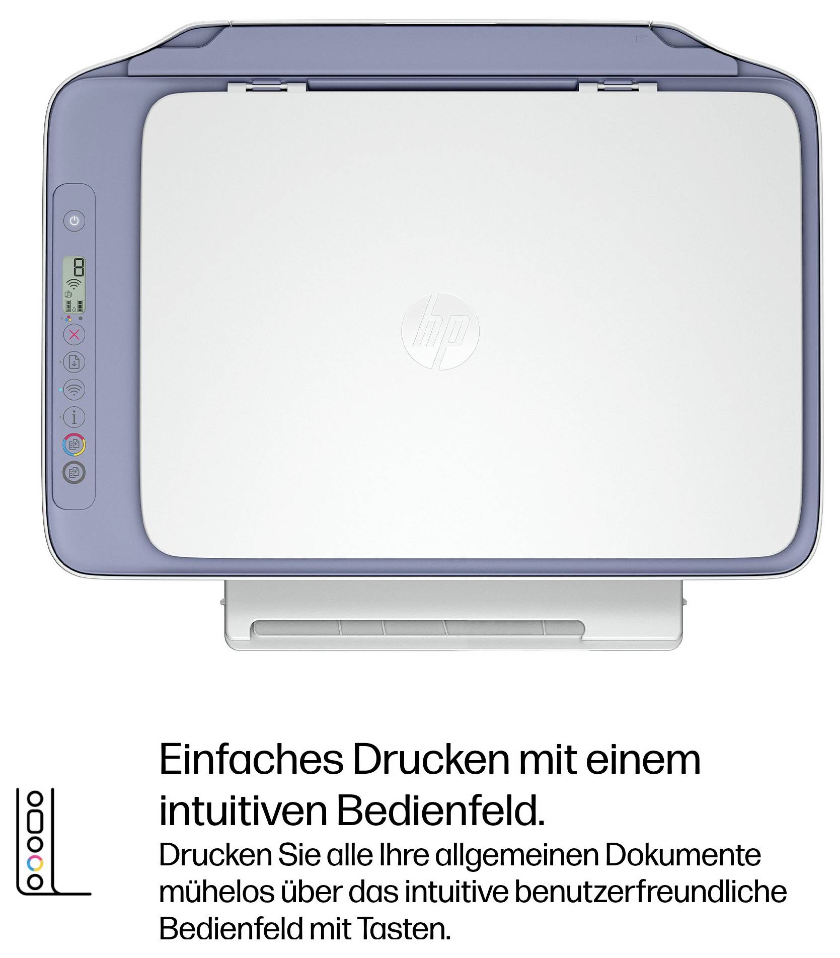 'Drucker mit intuitivem Bedienfeld von oben gesehen. Text besagt: Einfaches Drucken mit intuitivem Bedienen über Tasten.'