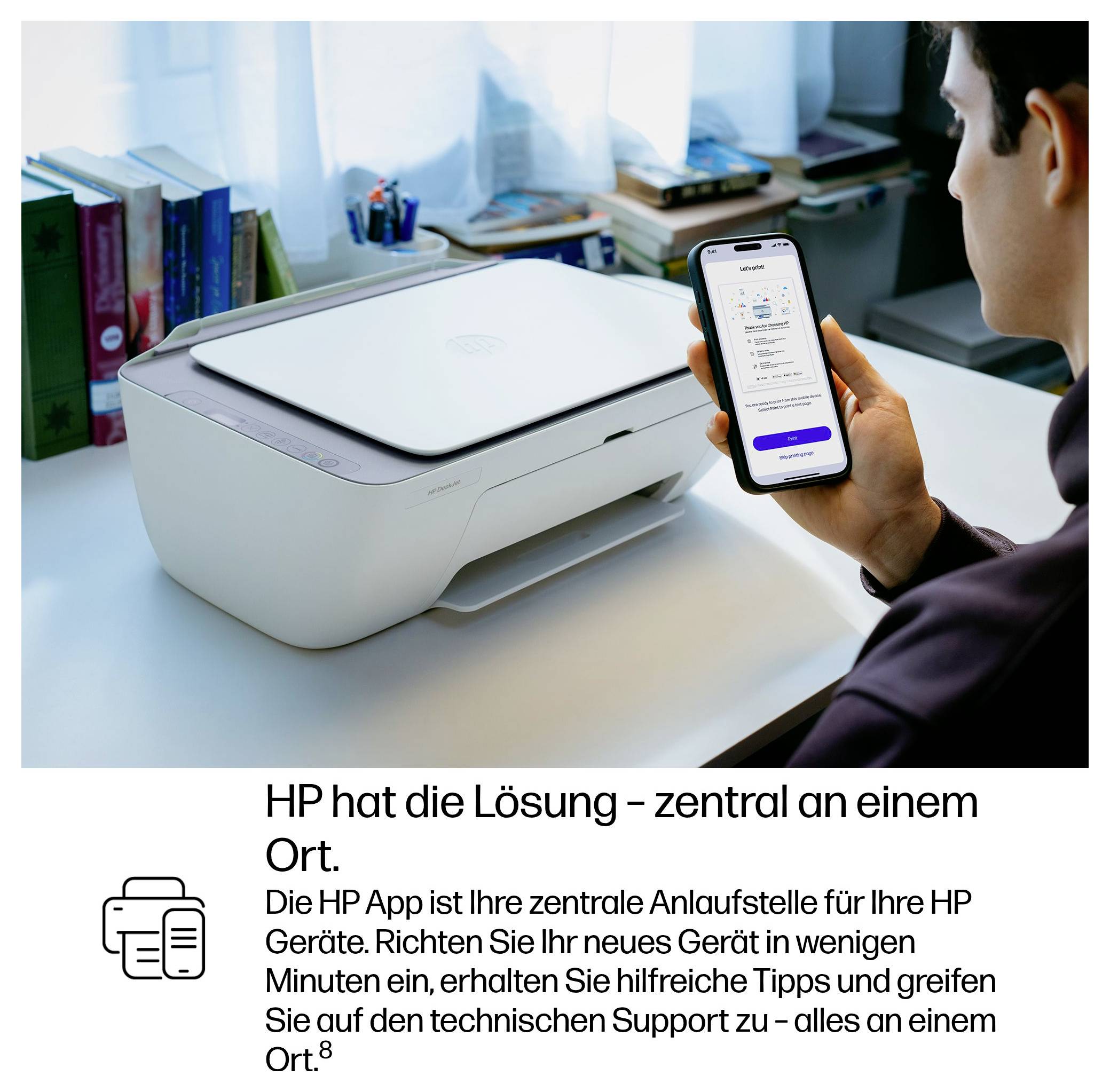 Eine Person richtet einen HP-Drucker mit einer Smartphone-App ein. Text informiert über zentrale Anlaufstelle für HP-Geräte und technischen Support.