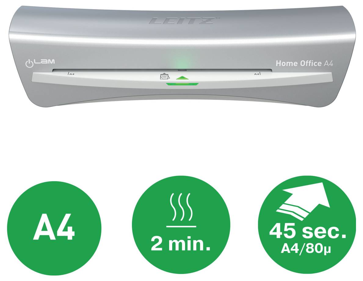 Laminiermaschine mit der Bezeichnung „Home Office A4", darunter grüne Symbole: A4-Papierkompatibilität, 2 Minuten Aufwärmzeit, 45 Sekunden Betriebsdauer.