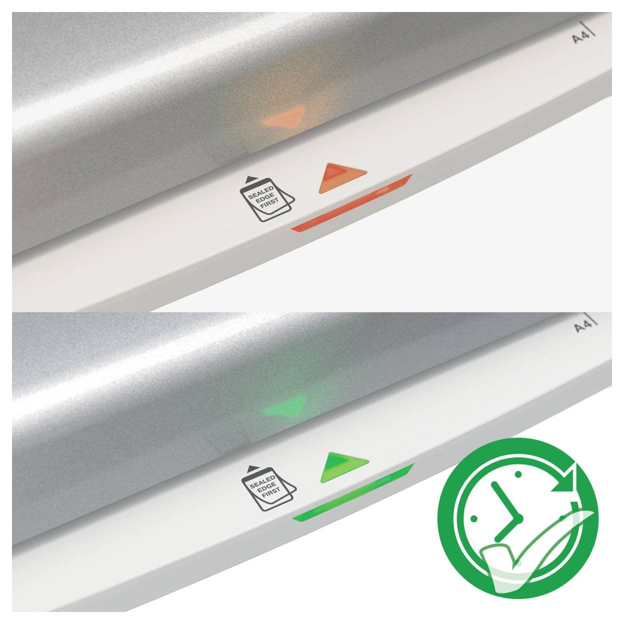 Ein grauer Leitz-Laminiergerät mit sichtbarem Netzschalter und Symbolen zur Anzeige des A4-Papierformats. Das Gerät ist für die Heimanwendung konzipiert.