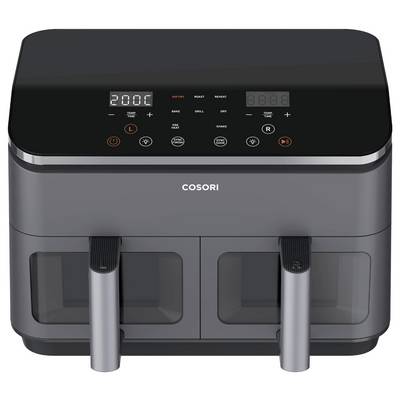 Ein schwarzes und silbernes Küchengerät mit doppelten Schubladen, digitales Display mit der Anzeige „200°C", beschriftete Tasten für verschiedene Garmodi, Marke „COSORI".