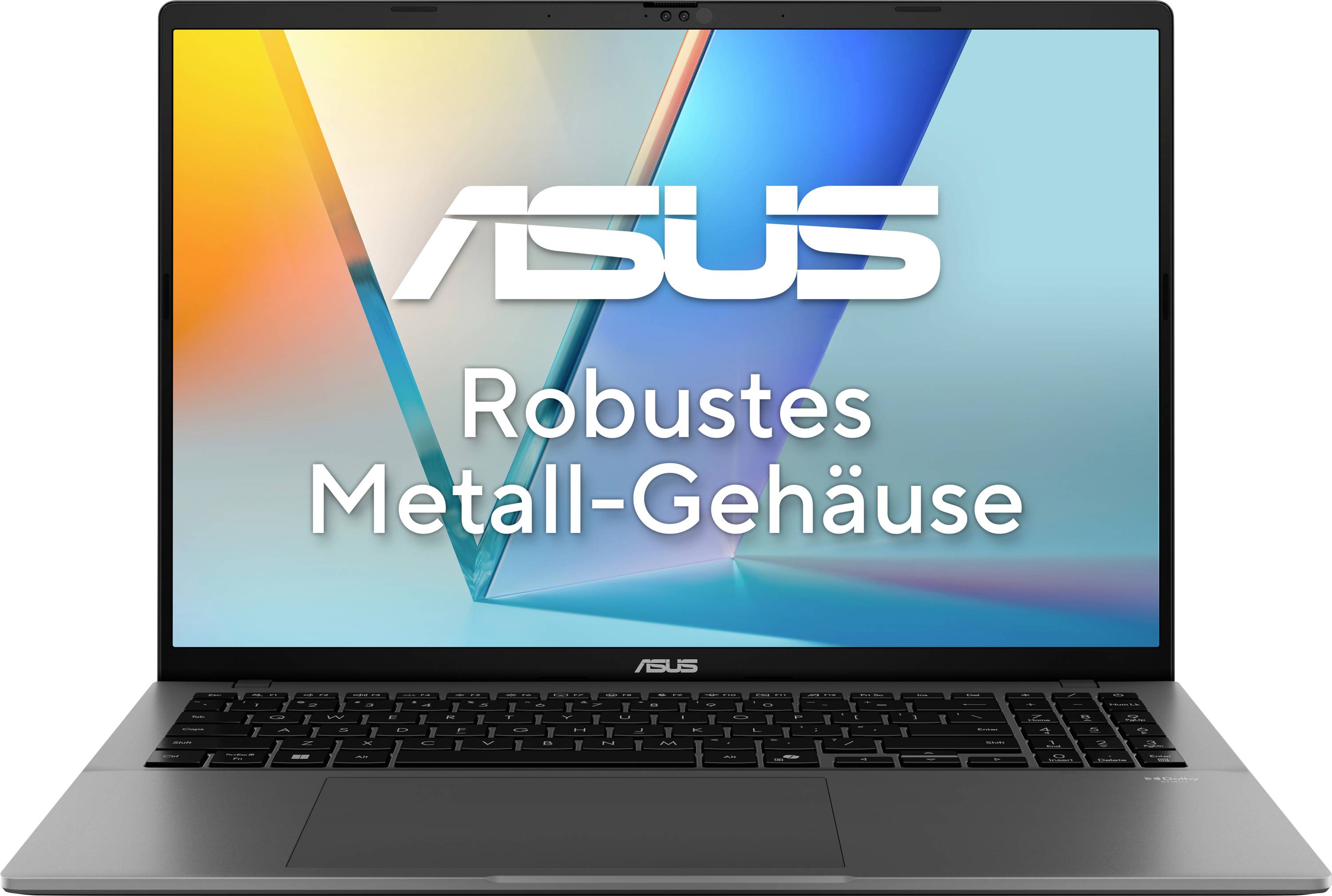 Ein Laptop mit Text auf dem Bildschirm, der "Robustes Metall-Gehäuse" liest, und der Markenname darüber. Der Bildschirm zeigt einen farbenfrohen abstrakten Hintergrund.