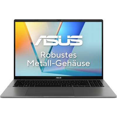 Ein Laptop mit Text auf dem Bildschirm, der "Robustes Metall-Gehäuse" liest, und der Markenname darüber. Der Bildschirm zeigt einen farbenfrohen abstrakten Hintergrund.