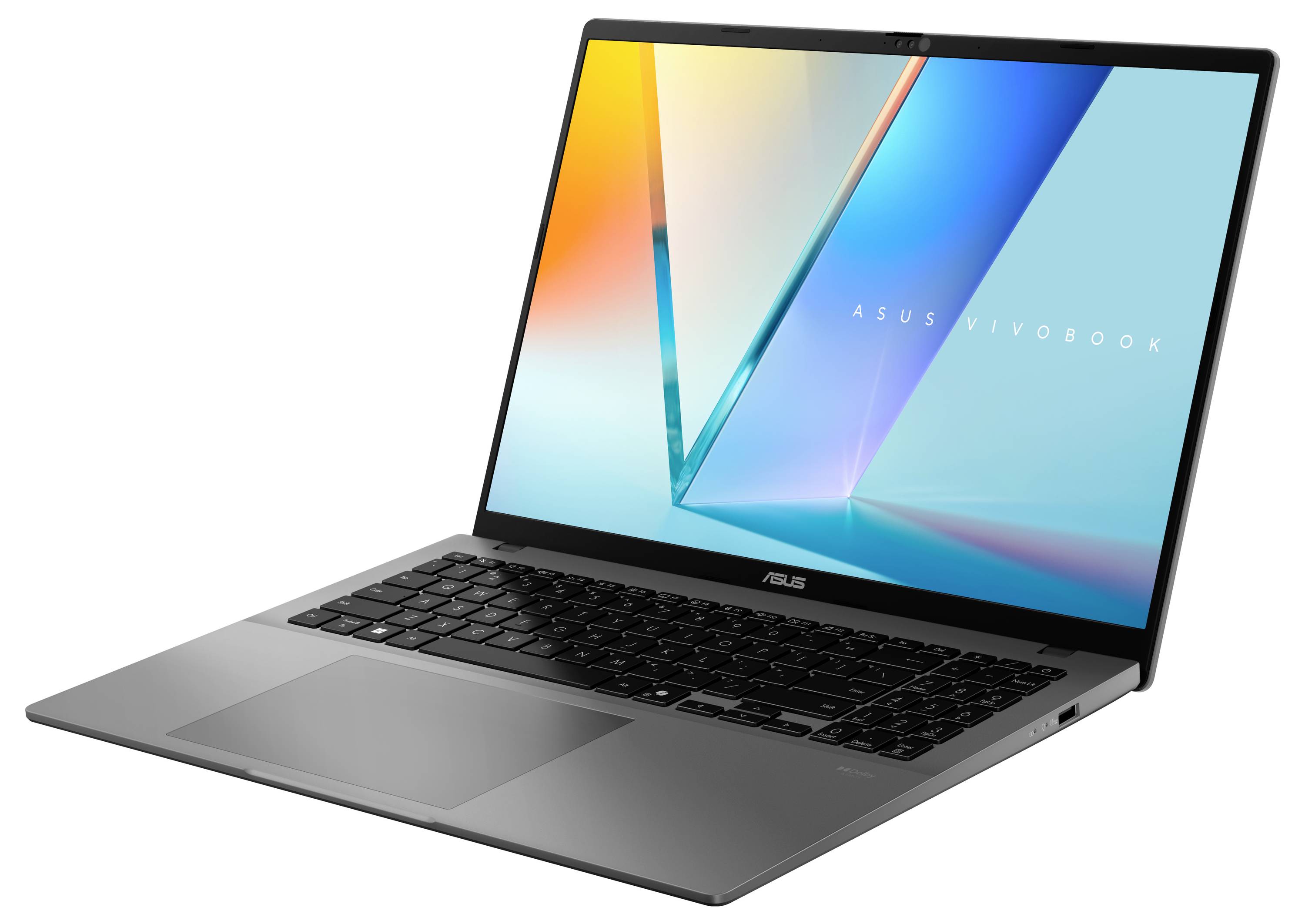 Ein silberner Laptop mit einem leuchtenden Bildschirm, auf dem bunte geometrische Formen und der Text „ASUS VivoBook" angezeigt werden.