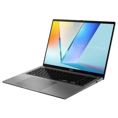 Ein silberner Laptop mit einem leuchtenden Bildschirm, auf dem bunte geometrische Formen und der Text „ASUS VivoBook" angezeigt werden.