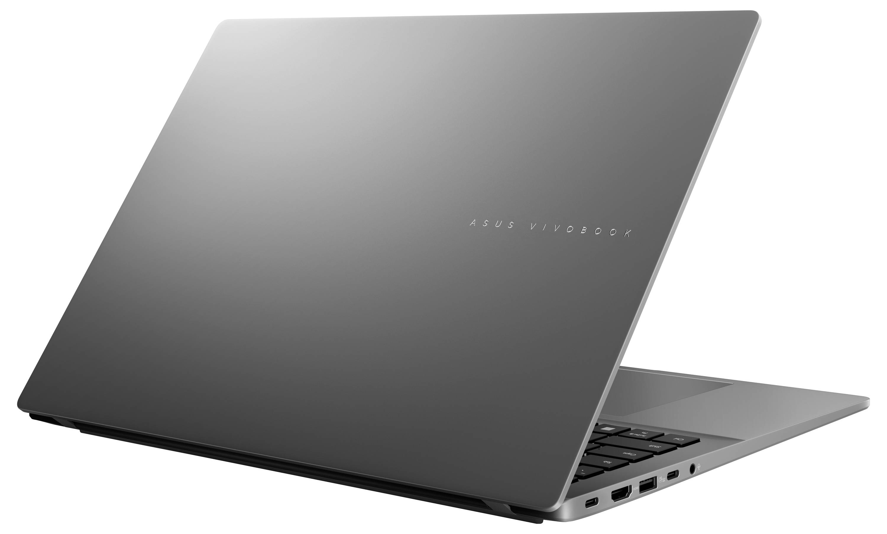 Ein silberner Laptop, teilweise geschlossen, mit dem Deckel, auf dem der Text „ASUS Vivobook" zu sehen ist, und Anschlüsse auf der rechten Seite sichtbar.