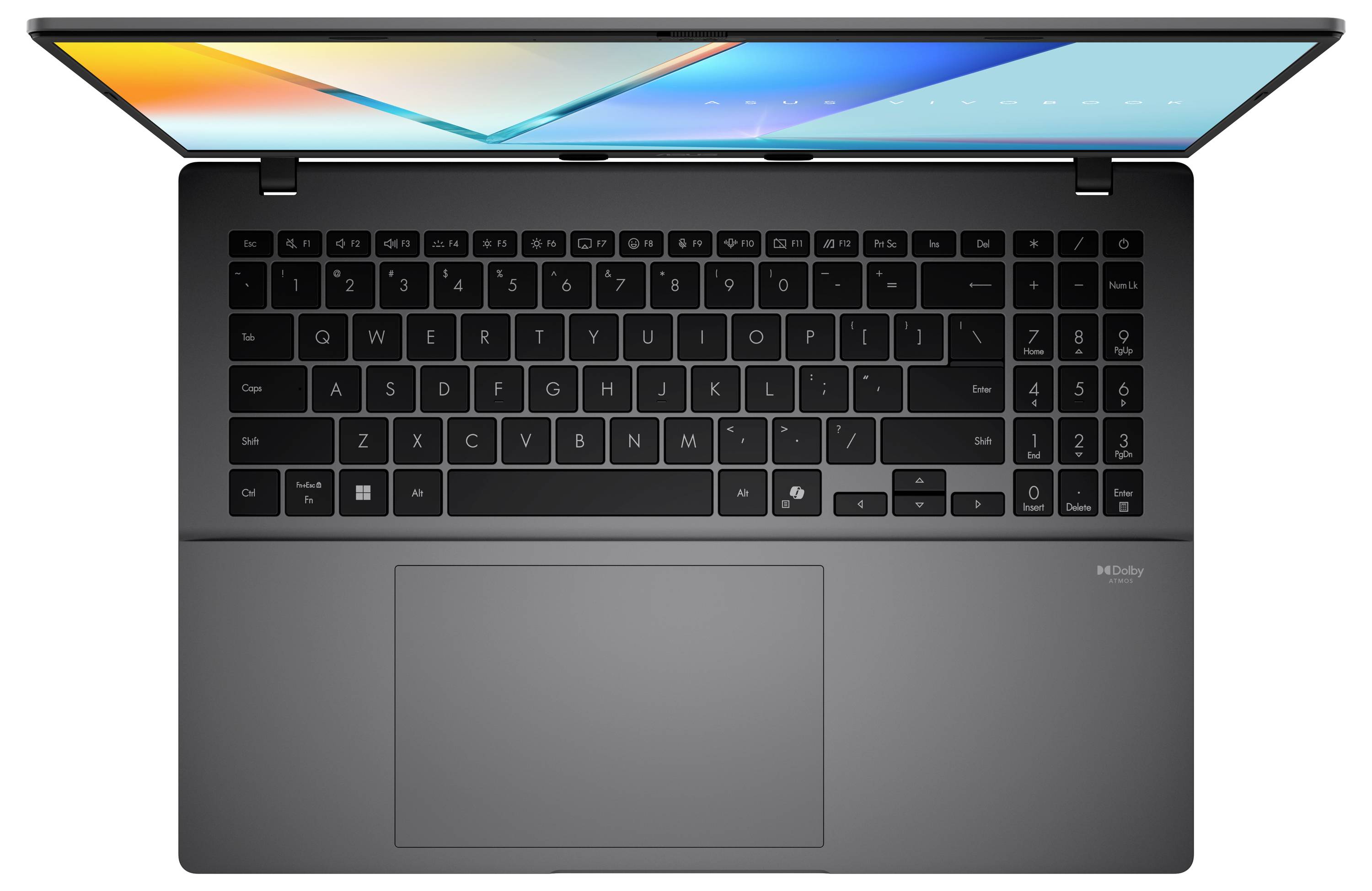 Laptop mit schwarzer Tastatur, großem Touchpad und farbenfrohem Bildschirm von oben betrachtet vor weißem Hintergrund.