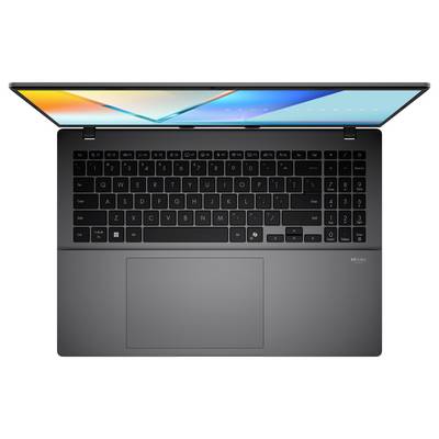 Laptop mit schwarzer Tastatur, großem Touchpad und farbenfrohem Bildschirm von oben betrachtet vor weißem Hintergrund.