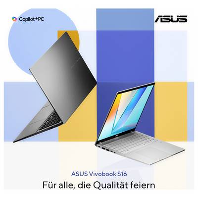 Zwei ASUS Vivobook S16-Laptops in unterschiedlicher Perspektive vor buntem geometrischen Hintergrund. Text: 'Für alle, die Qualität feiern'.