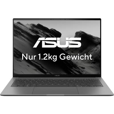 Laptop mit Berglandschaft auf dem Bildschirm, 'ASUS' Logo und Text 'Nur 1.2kg Gewicht'.