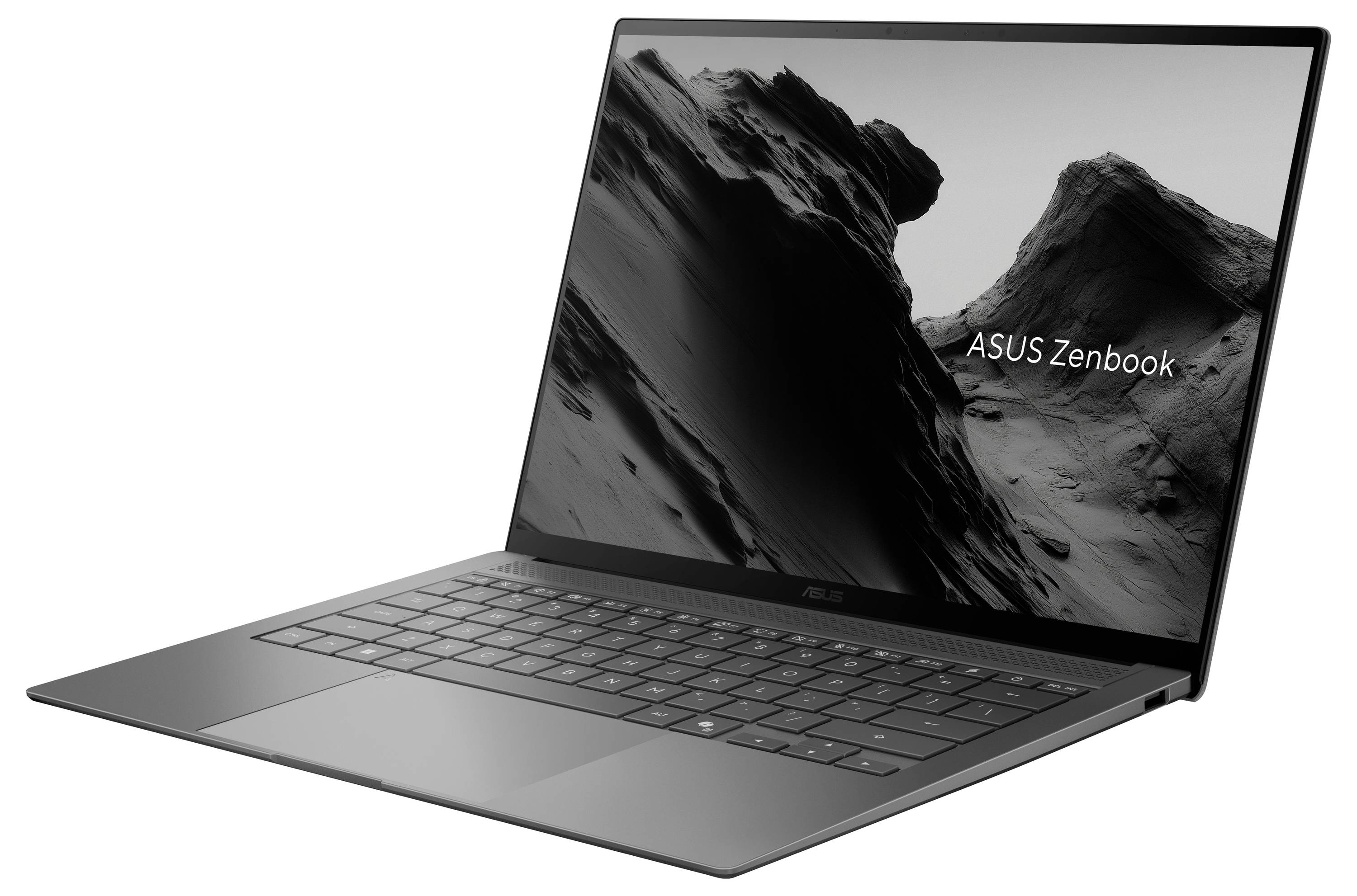 Ein eleganter, metallischer ASUS Zenbook-Laptop mit hochauflösendem Display, das eine monochrome Berglandschaft zeigt.