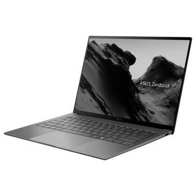 Ein eleganter, metallischer ASUS Zenbook-Laptop mit hochauflösendem Display, das eine monochrome Berglandschaft zeigt.