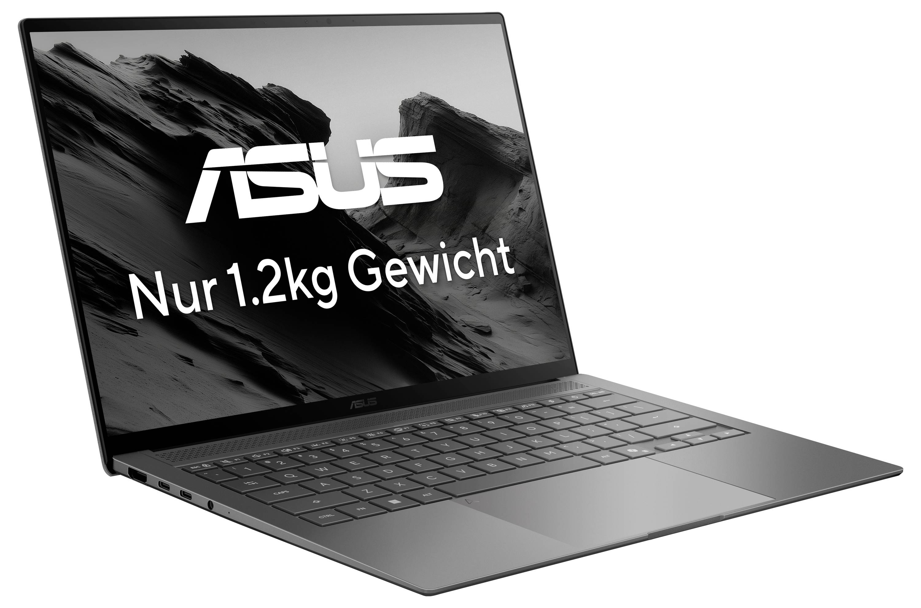 Ein leichter Laptop von Asus, Silber, mit der Aufschrift 'Nur 1.2kg Gewicht' auf dem Bildschirm.