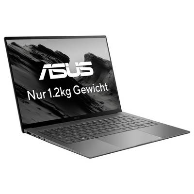 Ein leichter Laptop von Asus, Silber, mit der Aufschrift 'Nur 1.2kg Gewicht' auf dem Bildschirm.