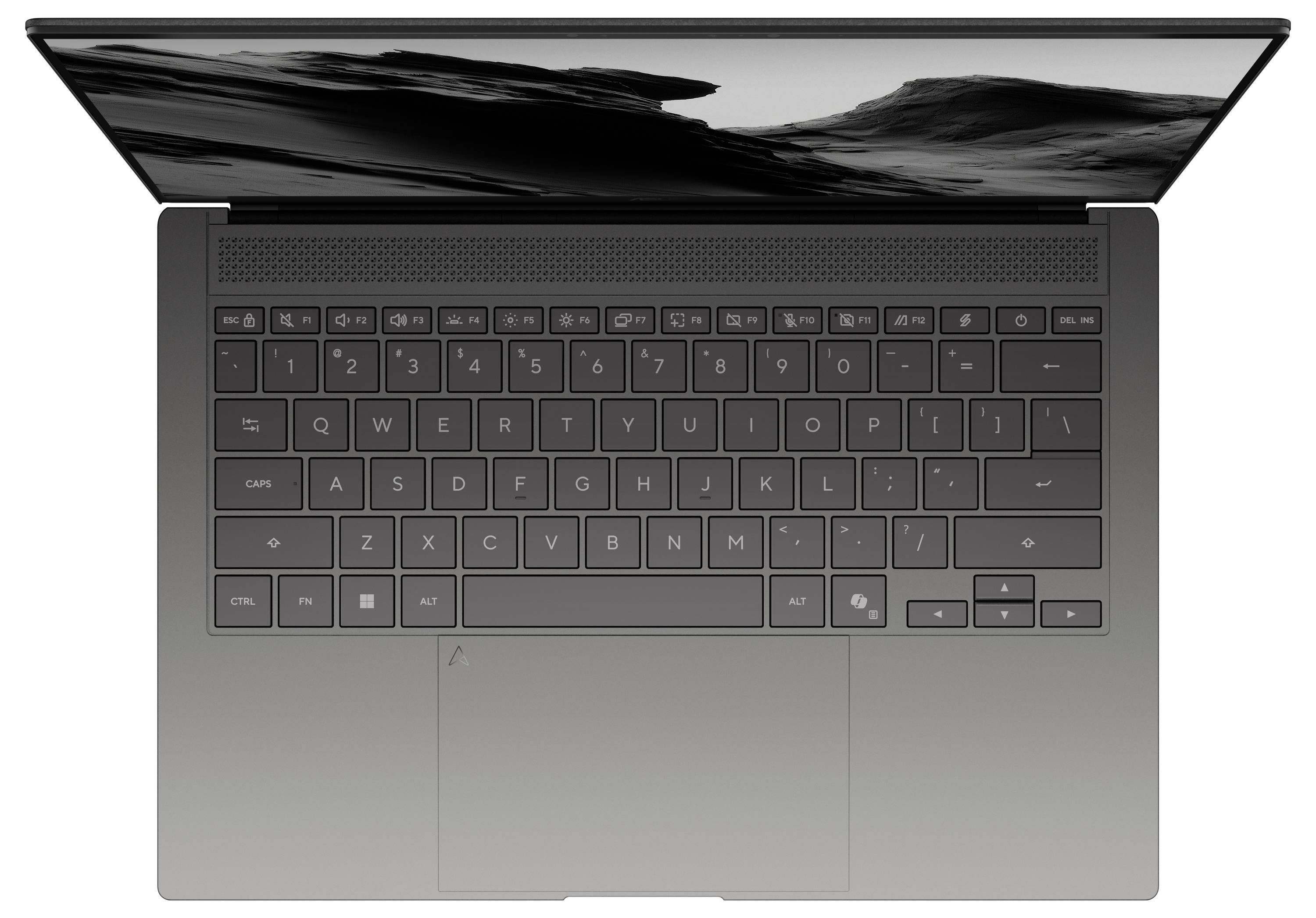 Ein Laptop von oben betrachtet mit QWERTY-Tastaturlayout und Touchpad darunter, entwickelt für Produktivität und allgemeine Nutzung.