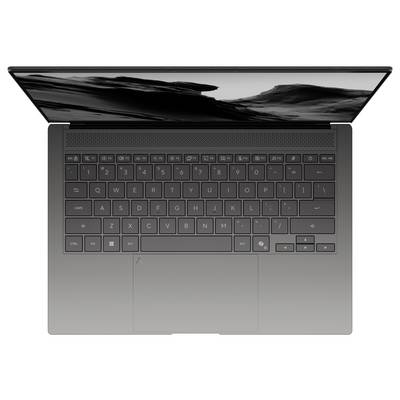 Ein Laptop von oben betrachtet mit QWERTY-Tastaturlayout und Touchpad darunter, entwickelt für Produktivität und allgemeine Nutzung.