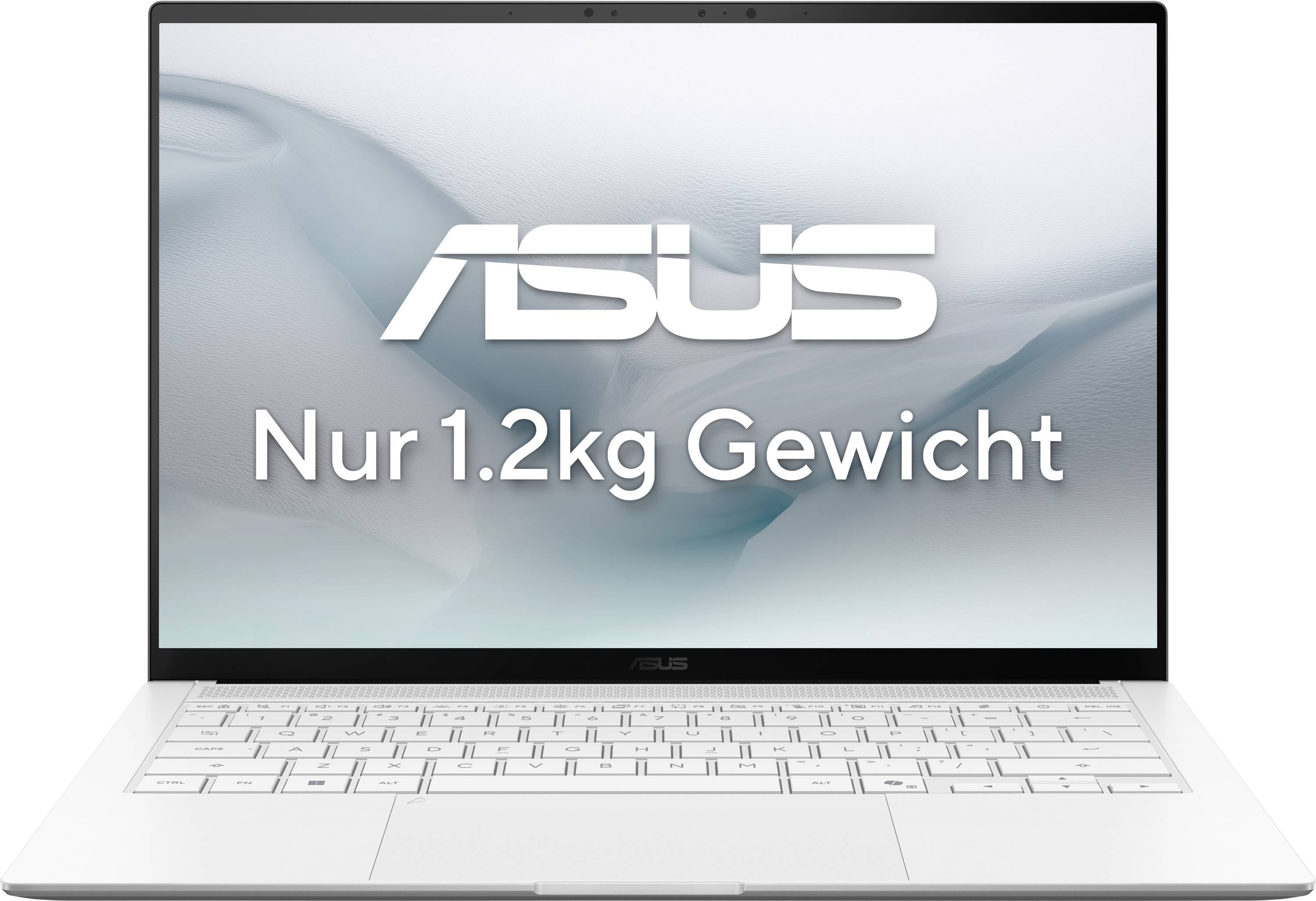 Ein silberner Laptop auf weißem Hintergrund mit großem Text 'Asus'. Darunter 'Nur 1.2kg Gewicht' vor einem abstrakten hellen Muster.